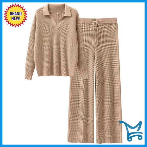 Waffle Knit Sweater Set Lounge Two Piece Outfit Wide Leg Pants Tracksuit